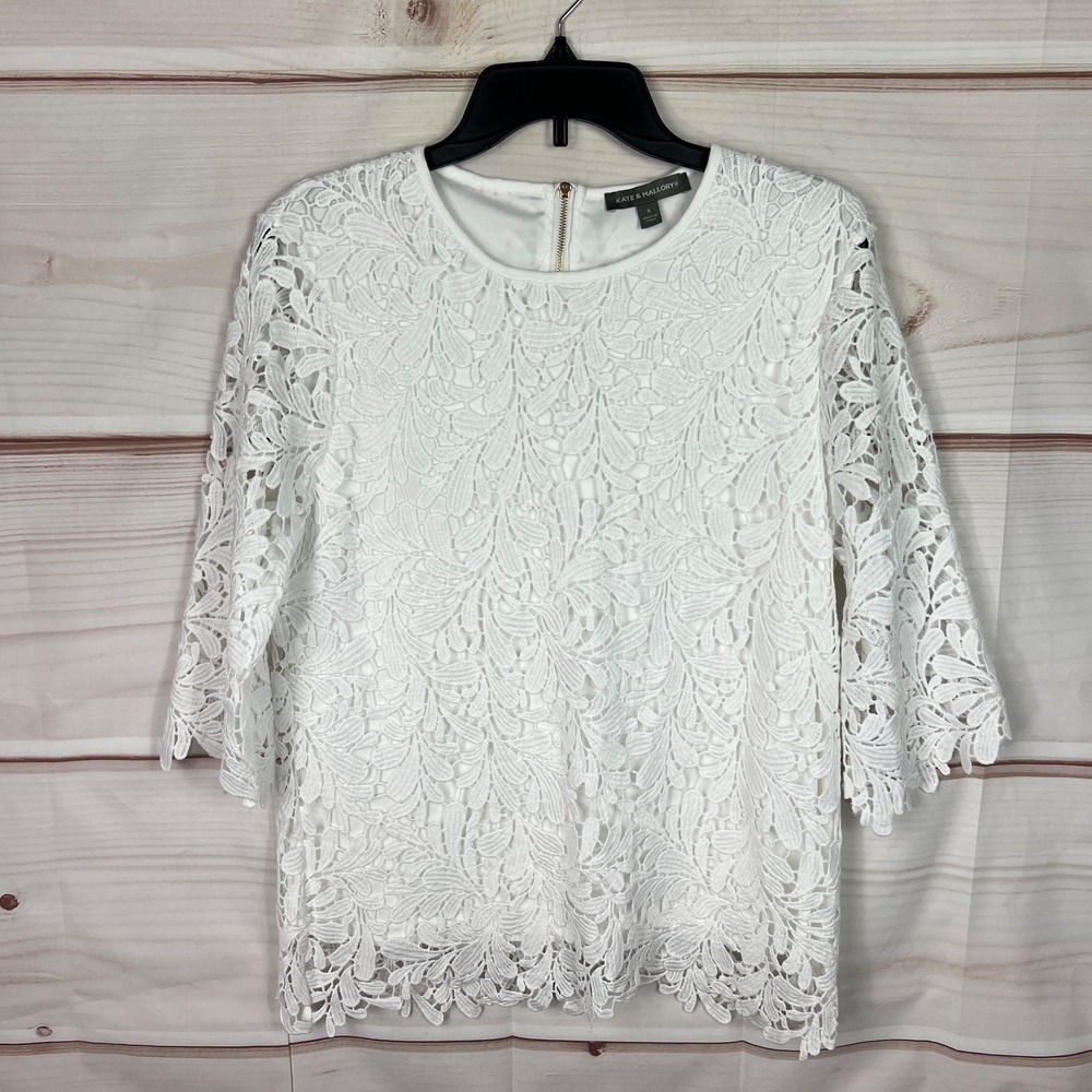Kate & Mallory Top Womens S White Lace Blouse 3/4 Sleeve Round Neck Back Zipper